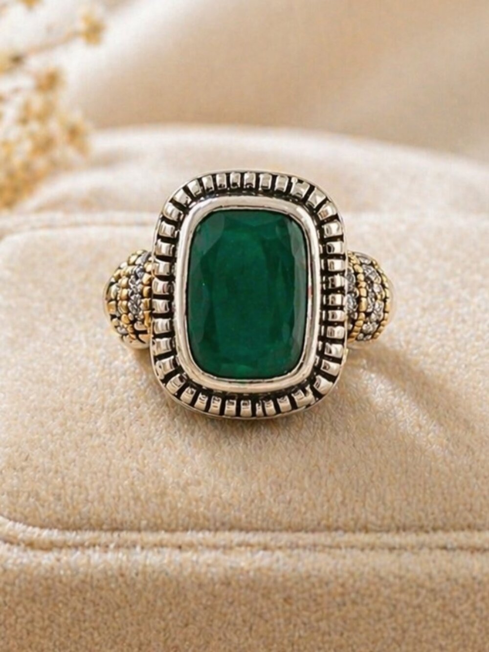 Vintage 14K Gold Sterling Silver Green Onyx Statement Ring Size 7 - Picture 1 of 10